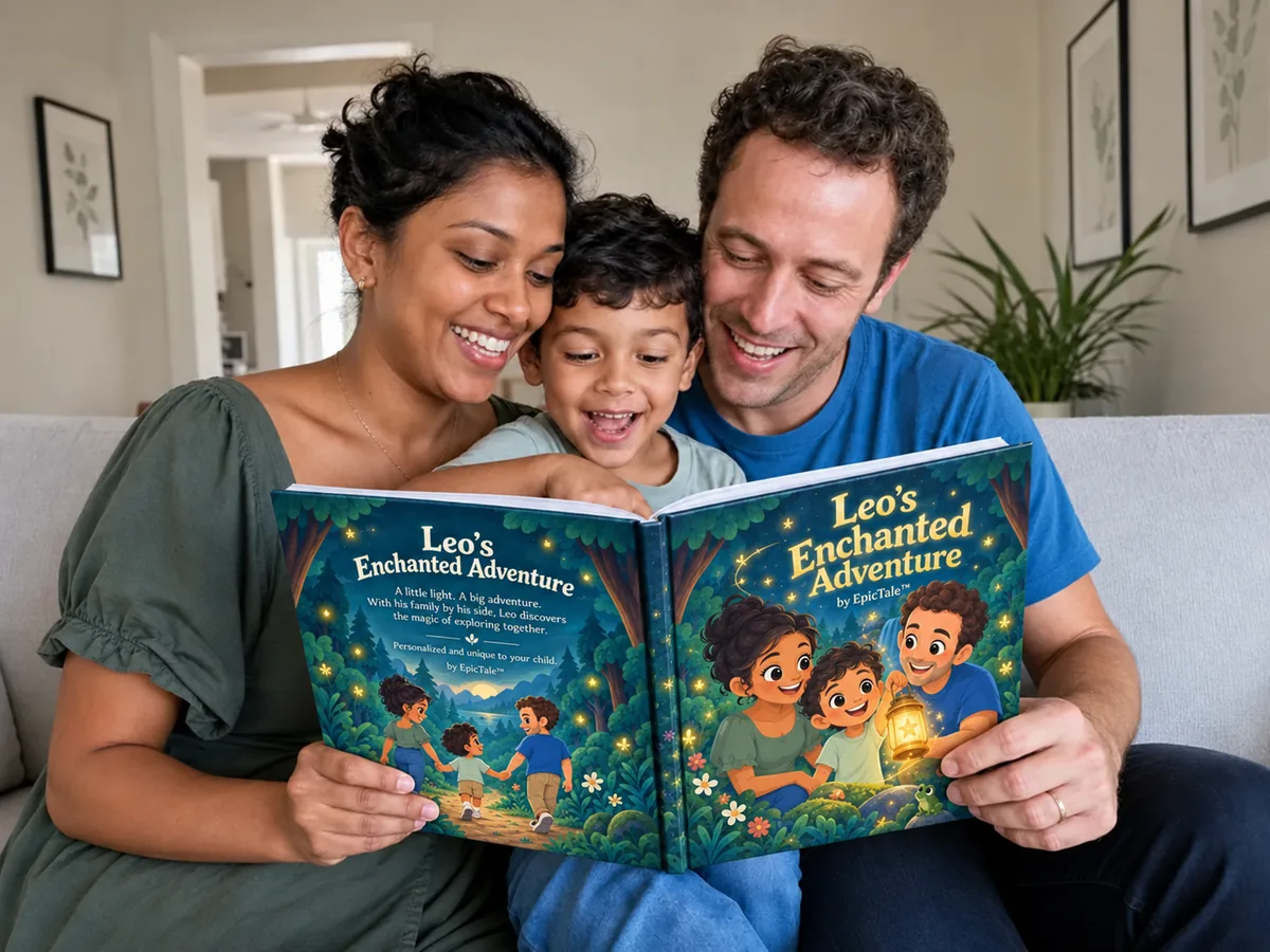 Loved ones sharing an EpicTale storybook personalized with cartoon versions of them and a child.