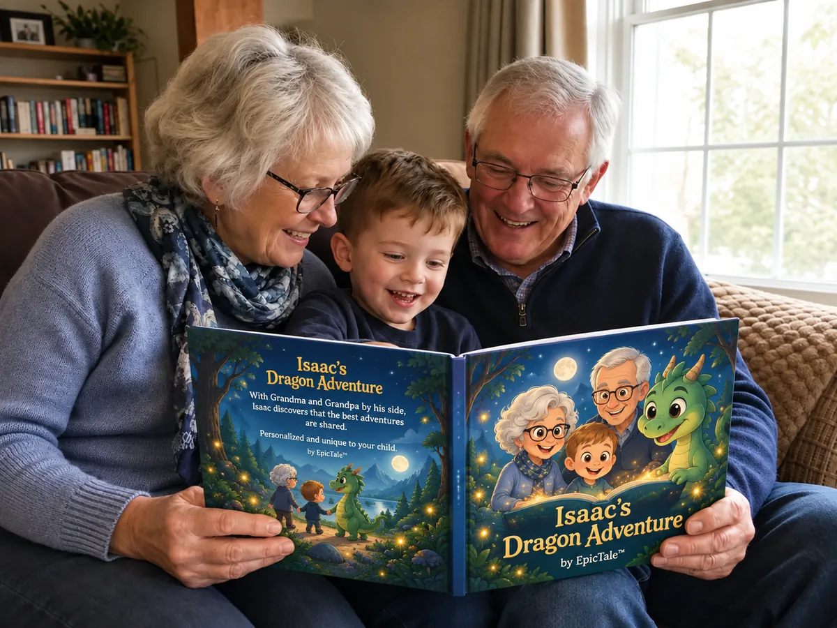 Grandparents sharing an EpicTale storybook personalized with cartoon versions of them and their grandson.