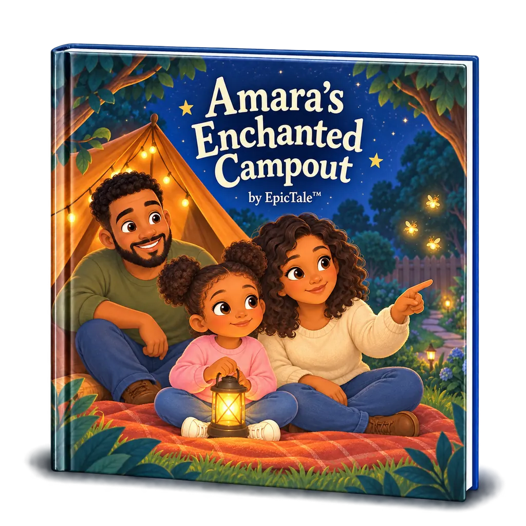 Personalized Amara's Enchanted Campout hardcover mockup.