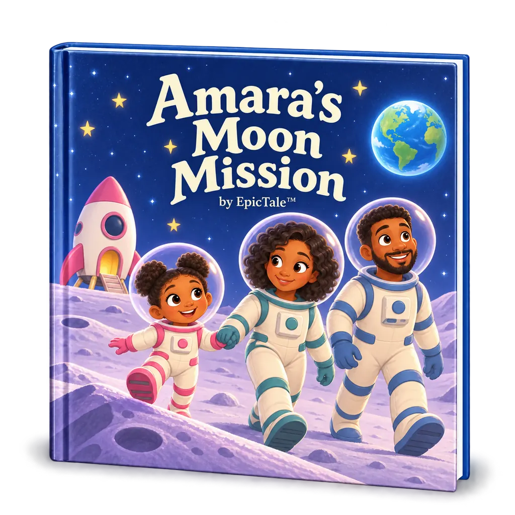 Personalized Amara's Moon Mission hardcover mockup.