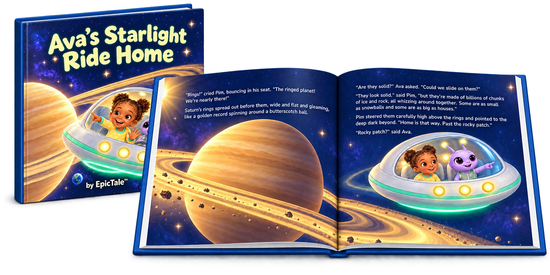 An open hardcover showing Ava and Pim flying past Saturn and its golden rings