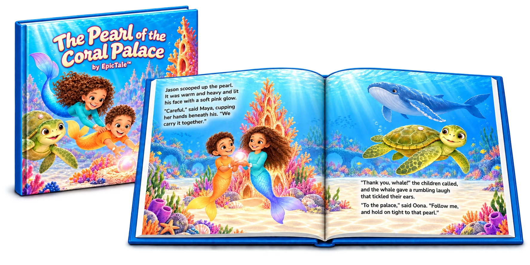 An open hardcover showing Maya and Jason holding a glowing pearl beside Oona the turtle and a whale