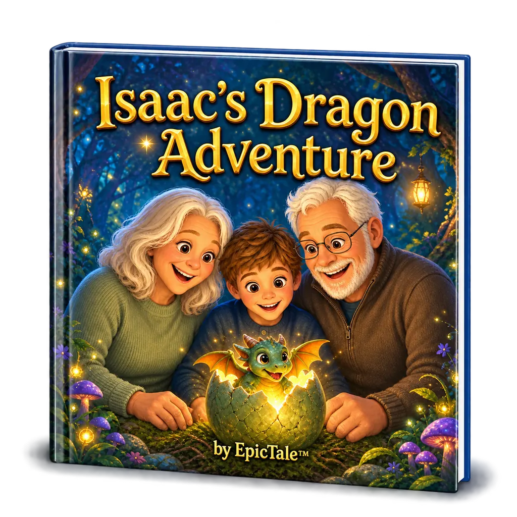 Hardcover mockup of Isaac’s Dragon Adventure with his grandparents.