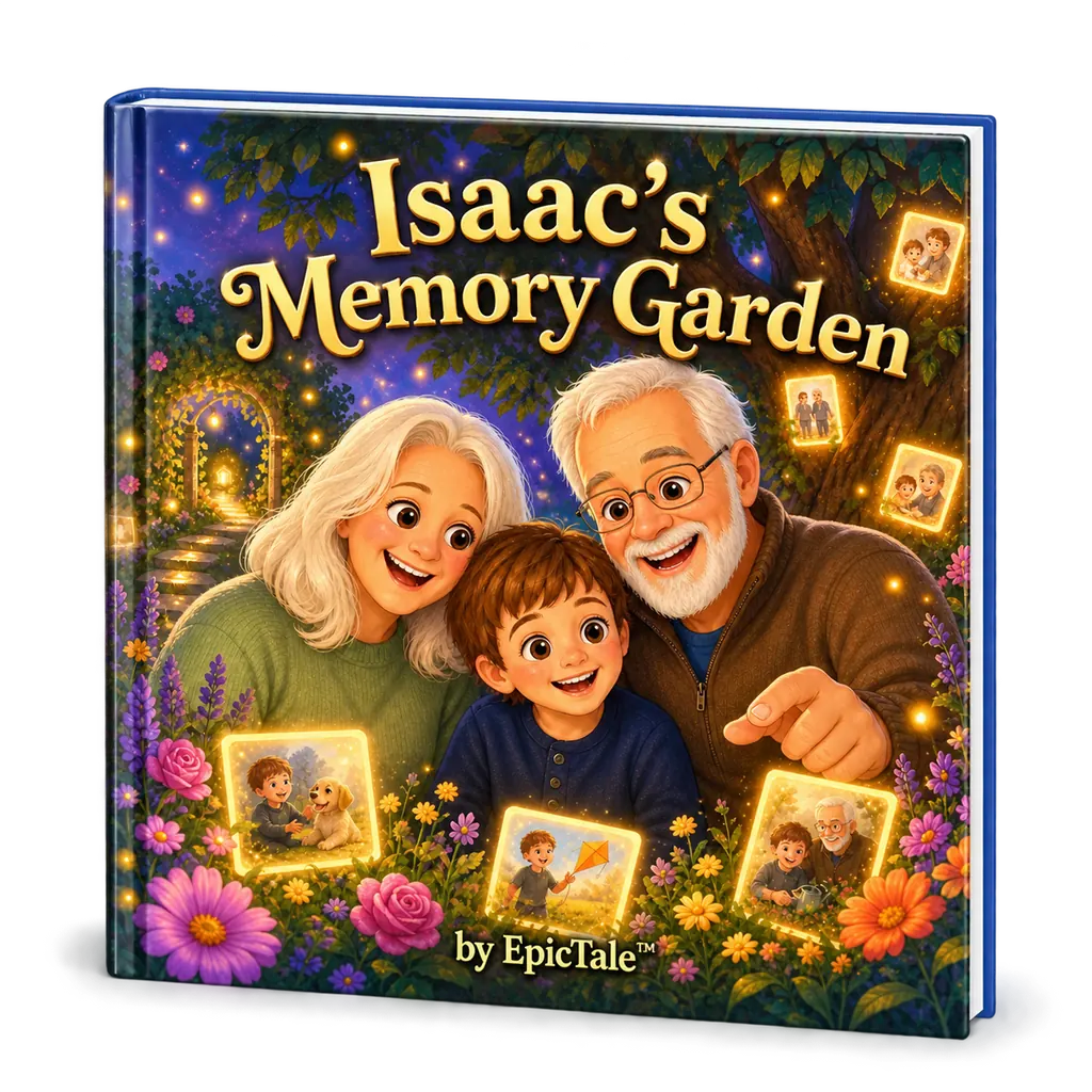 Hardcover mockup of Isaac’s Memory Garden with his grandparents.