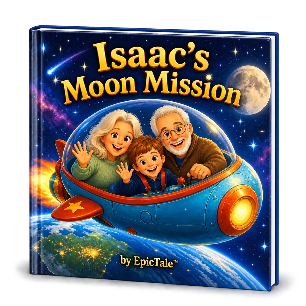 Hardcover mockup of Isaac’s Moon Mission with his grandparents.