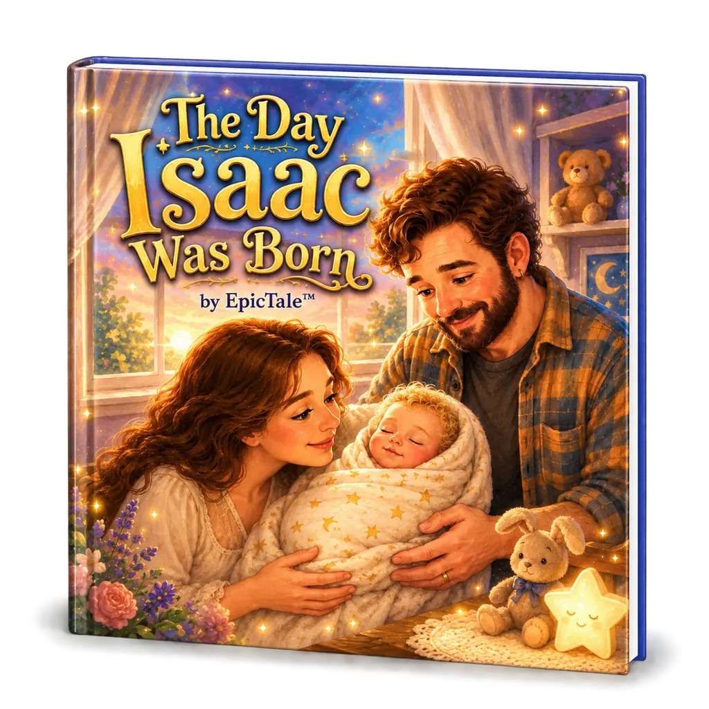 Hardcover mockup of The Day Isaac Was Born showing a warm family birth story keepsake.