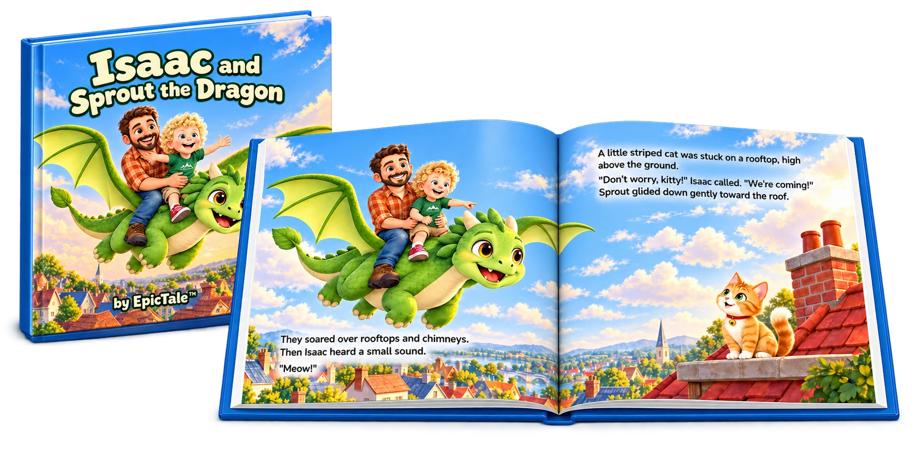 An open hardcover showing Isaac and Dad riding Sprout above rooftops to rescue a cat