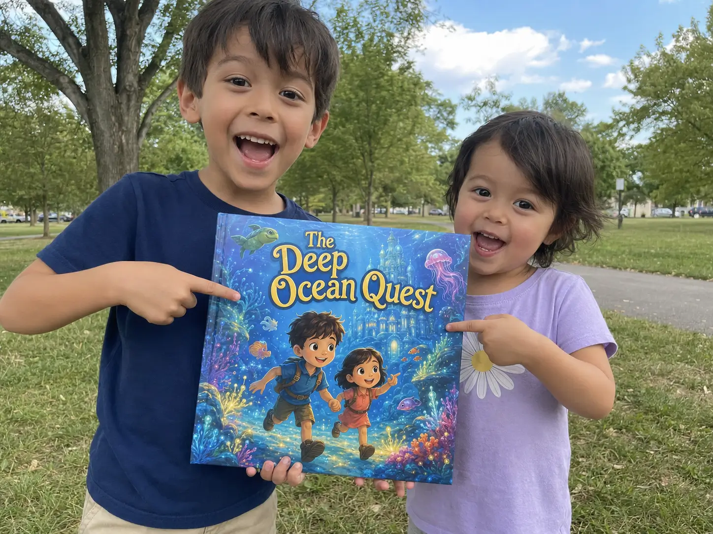 Two children proudly holding their personalized EpicTale storybook